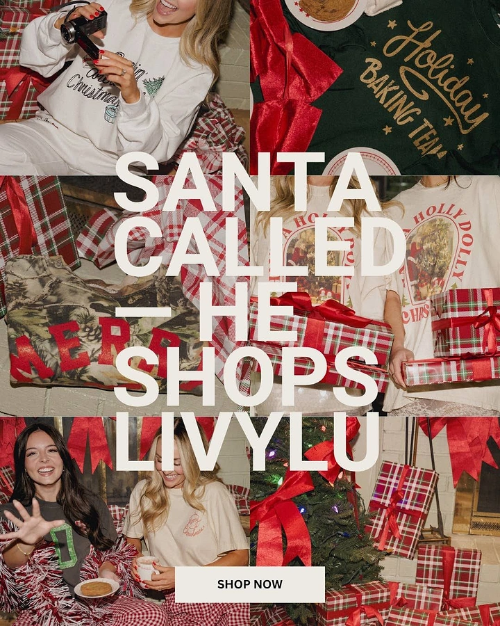 Christmas creative ad: Photo grid of women in holiday graphic tees among plaid gifts