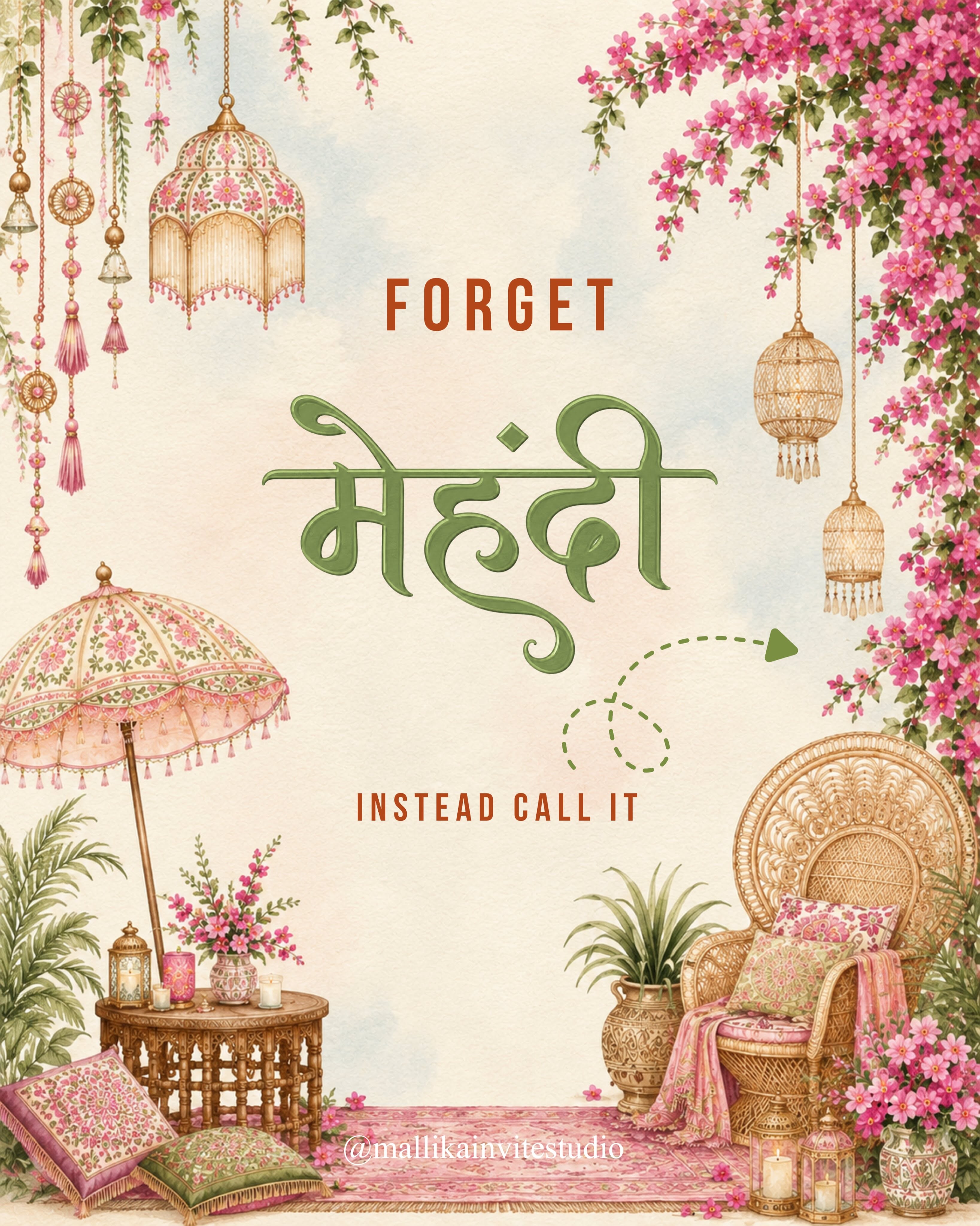 Instagram post: Witty mehndi reframing with styled interior, slide 1