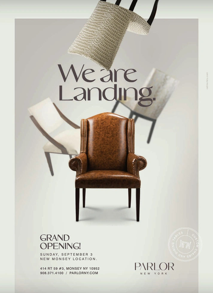 Furniture creative ad: Brown leather wingback chair with other chairs floating around it