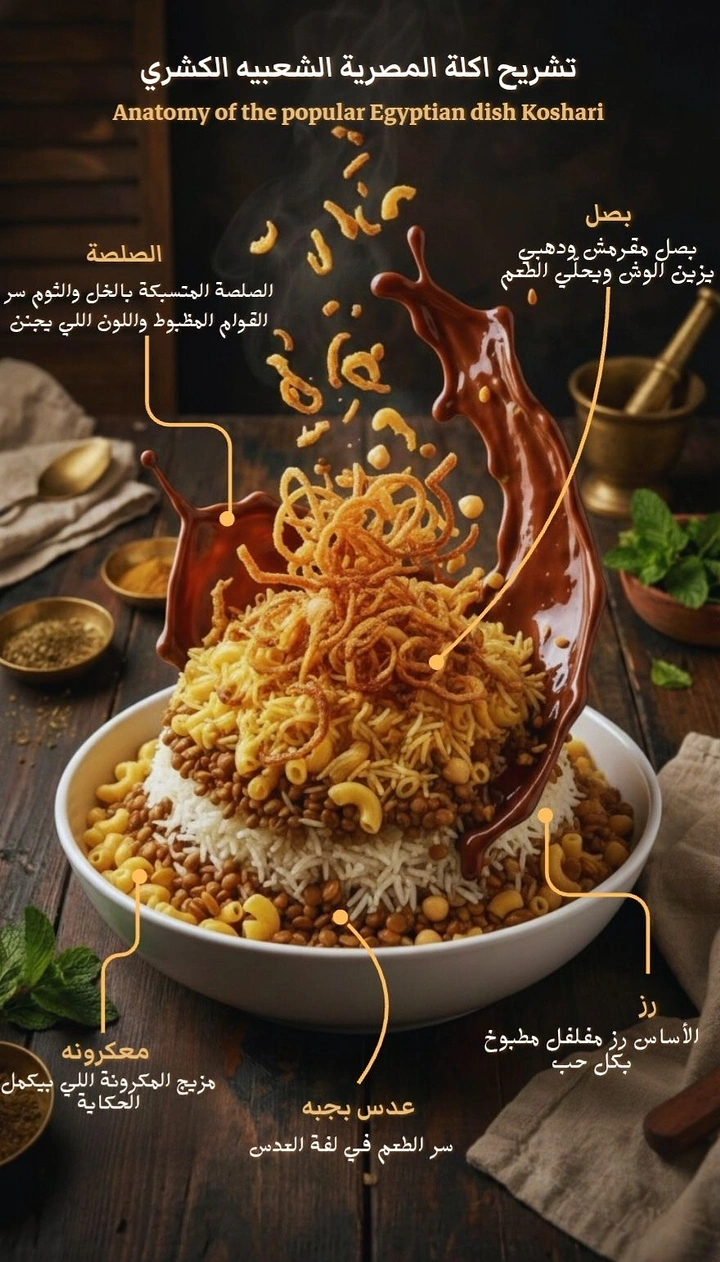 Arabic & Middle Eastern Restaurants creative ad: Anatomy-style breakdown of koshari