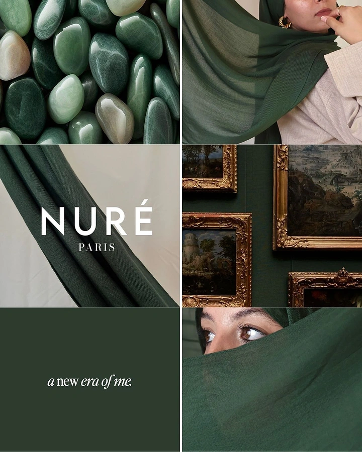 Modest Fashion, Hijabs & Abayas creative ad: Brand moodboard grid of emerald hijab and green textures