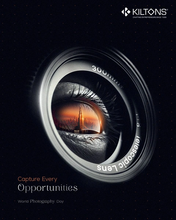 Photography creative ad: Eye inside lens reflecting city, Photography Day