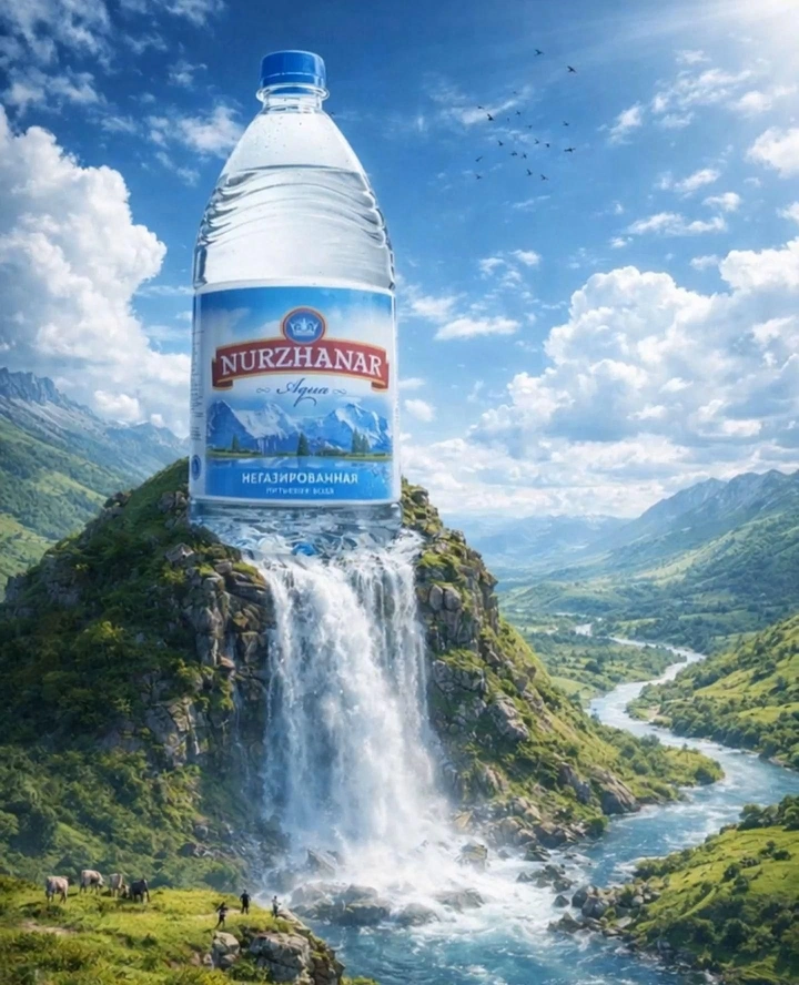 Packaged Drinking Water creative ad: Bottle cascades into dramatic alpine waterfall
