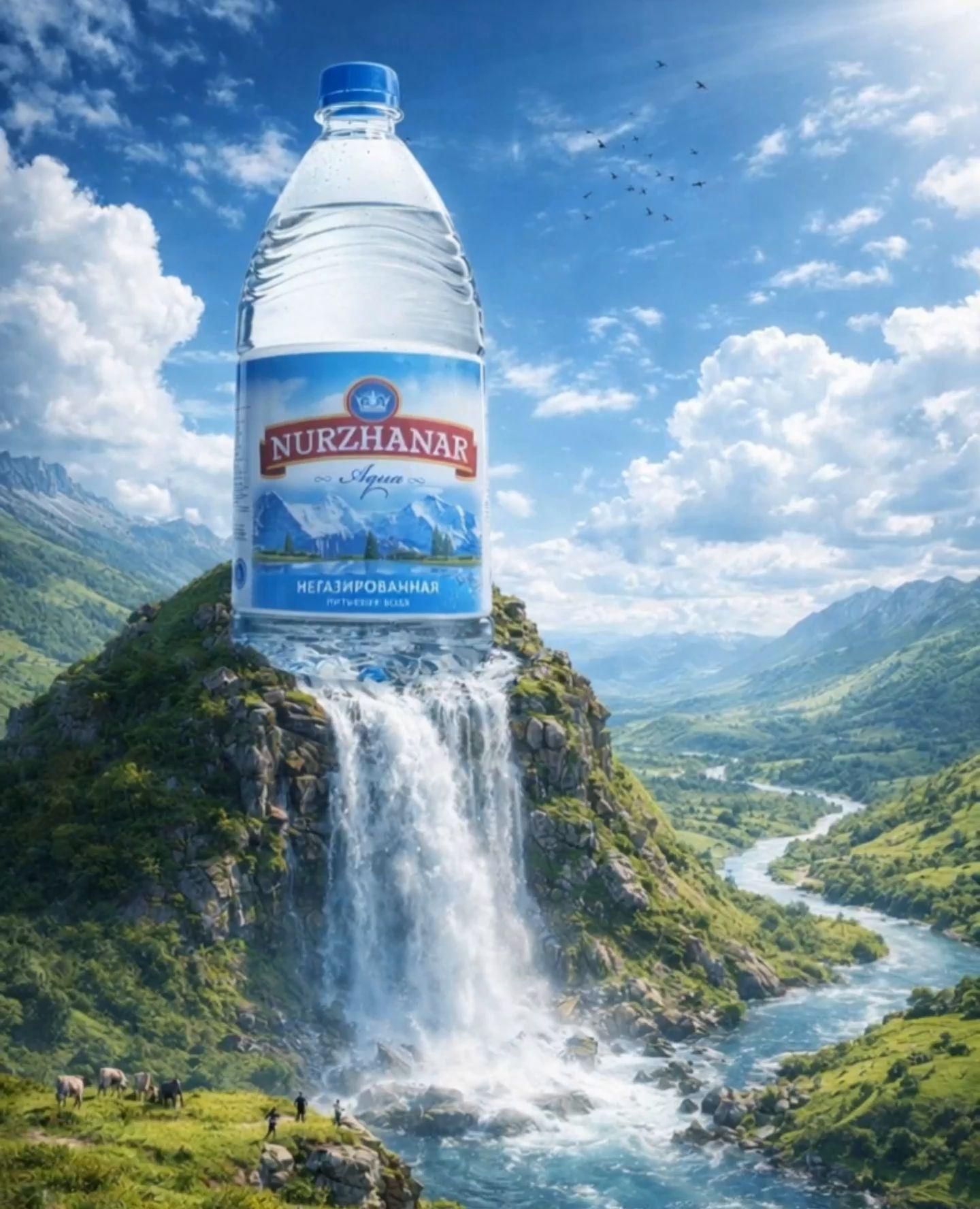 Instagram post: Bottle cascades into dramatic alpine waterfall