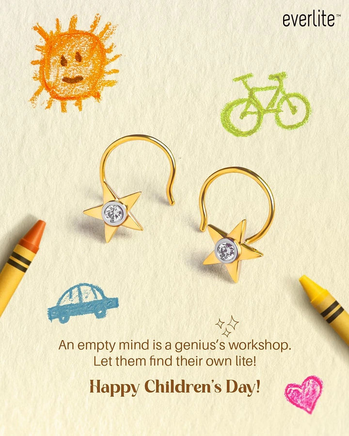Children's Day creative ad: Pair of gold star nose pins with solitaire diamonds