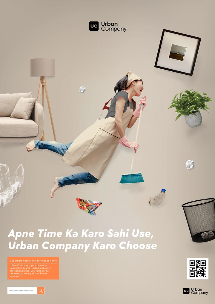 Cleaning Services creative ad: Levitating cleaner, surreal dynamic composition