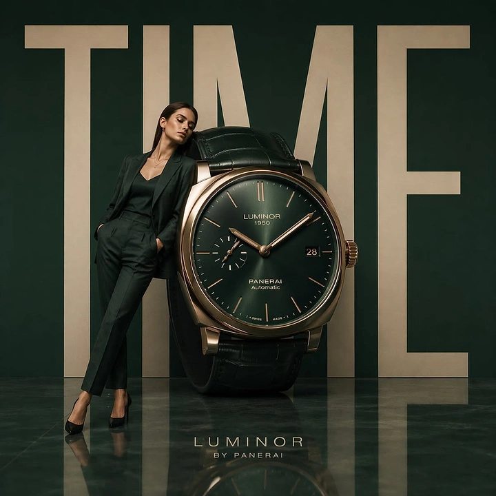 Creative ad: Oversized rose-gold watch with a woman leaning against it