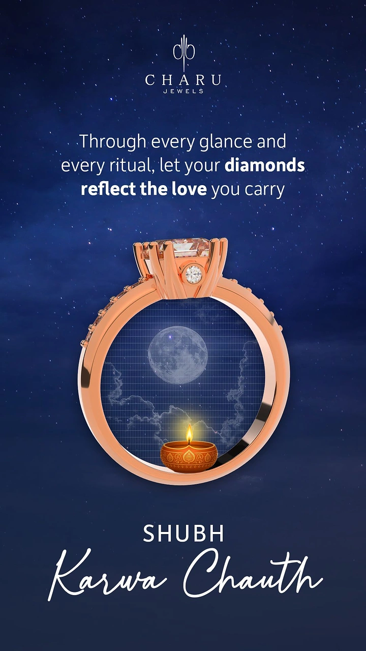 Karwa Chauth creative ad: Rose gold solitaire ring framing the moon and a diya