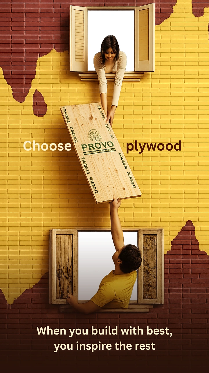Hardware Stores creative ad: Woman passing a plywood sheet down to a man between two windows