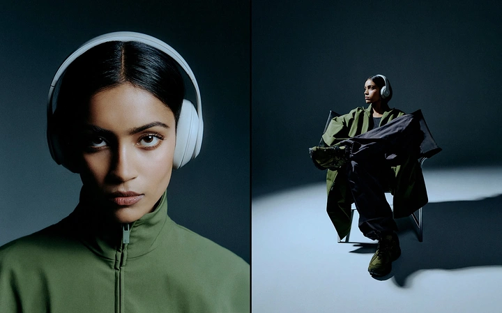 Headphones & Speakers creative ad: Surreal split portrait suggests private listening world