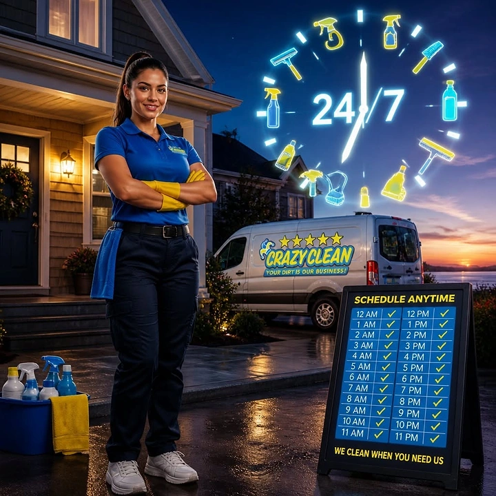 Cleaning Services creative ad: 24/7 clock built from cleaning tools