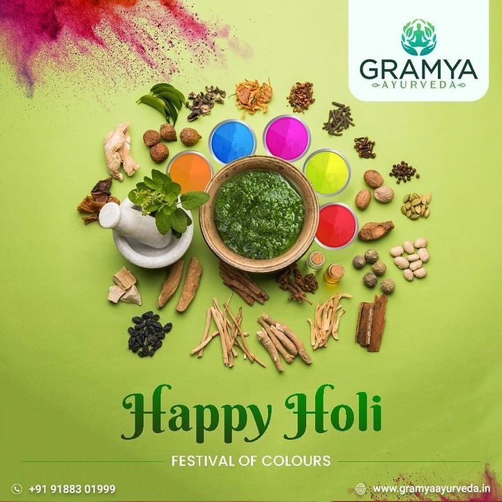 Holi creative ad: Circular flat-lay of herbs around colour bowls