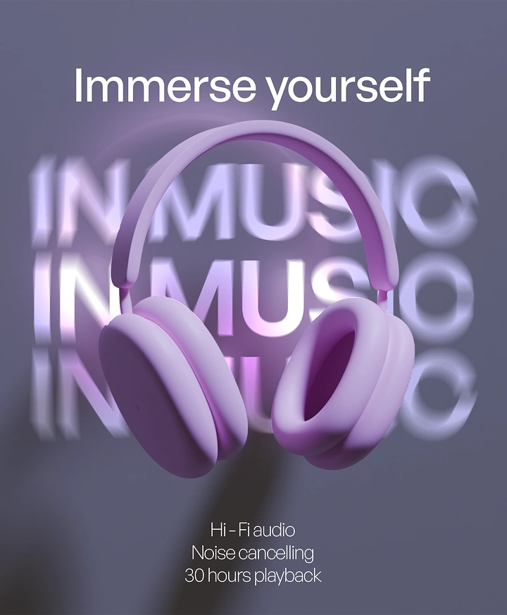 Creative ad: Floating lilac 3D headphones over blurred repeated type