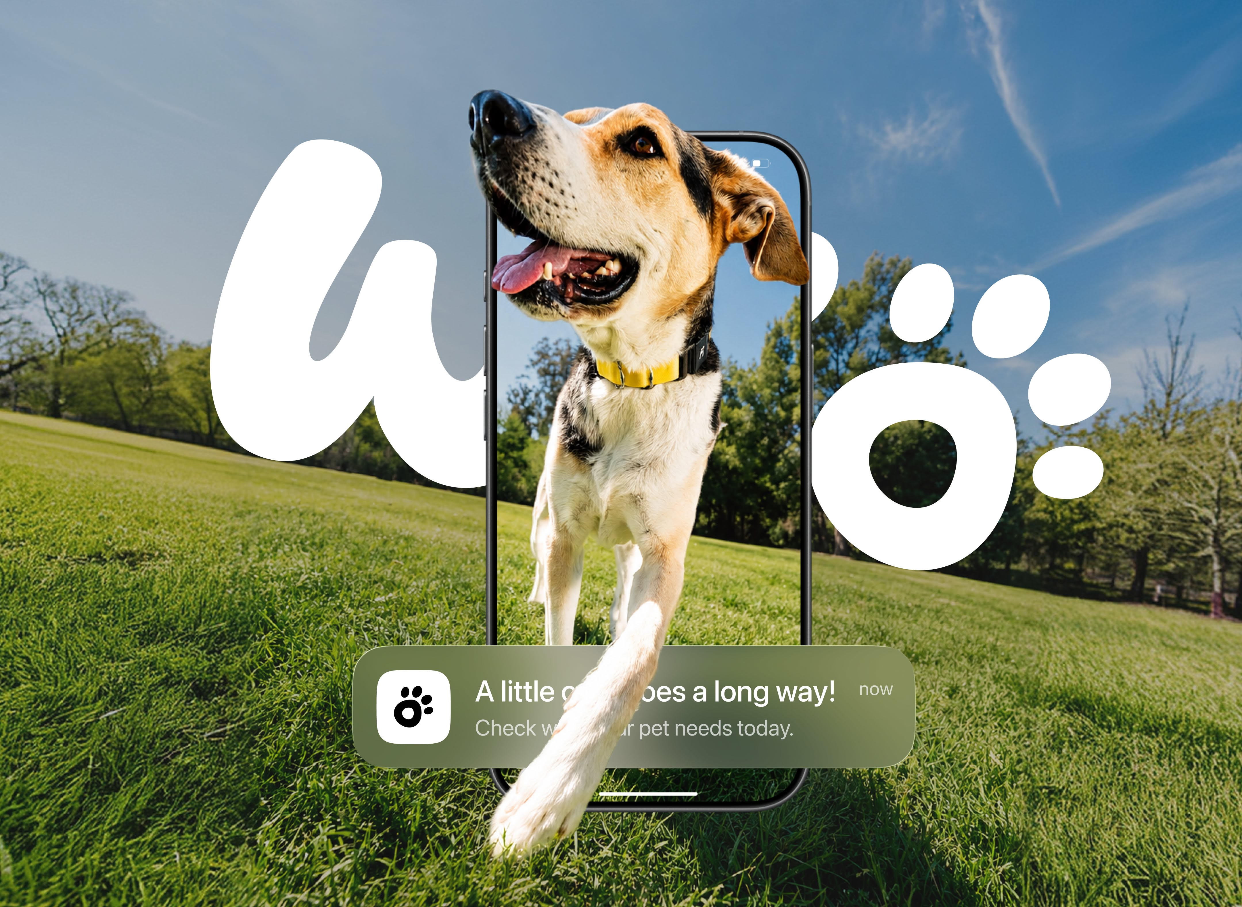 Banner: Happy dog stepping out of a smartphone screen onto grass