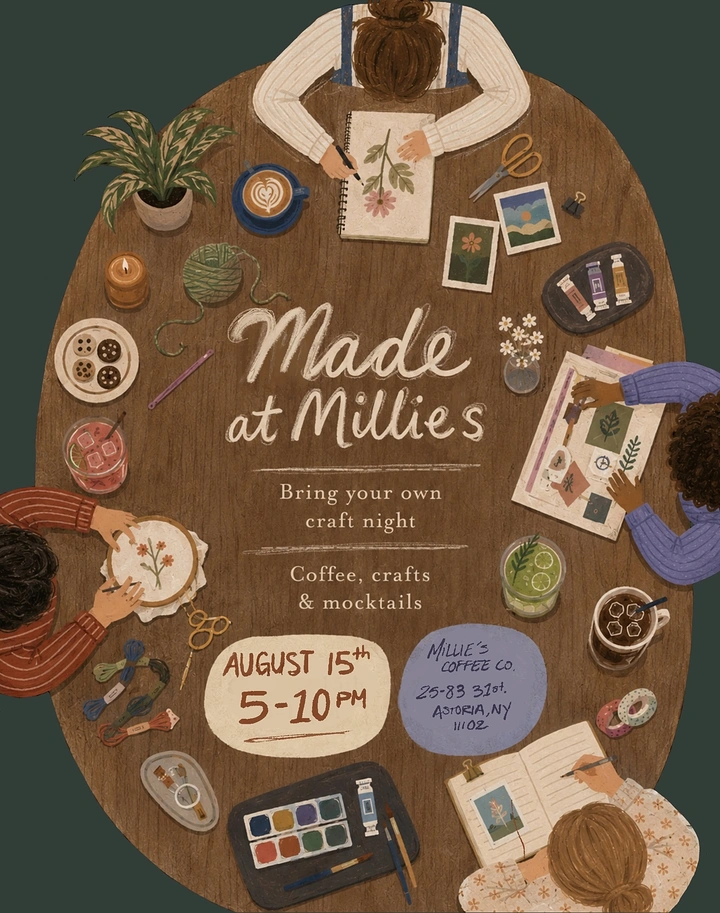 Events & Nightlife creative ad: Top-down illustrated oval wooden table with people crafting