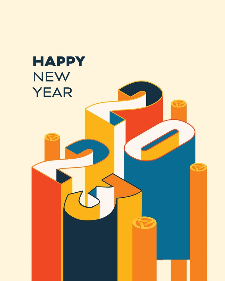 New Year creative ad: Isometric extruded year numerals like towering blocks
