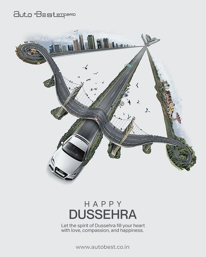 Dussehra creative ad: Winding highways forming a bow and arrow, with a white car as the arrowhead