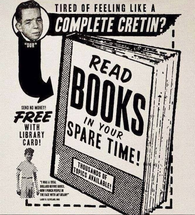 Retro pulp-ad parody promoting reading