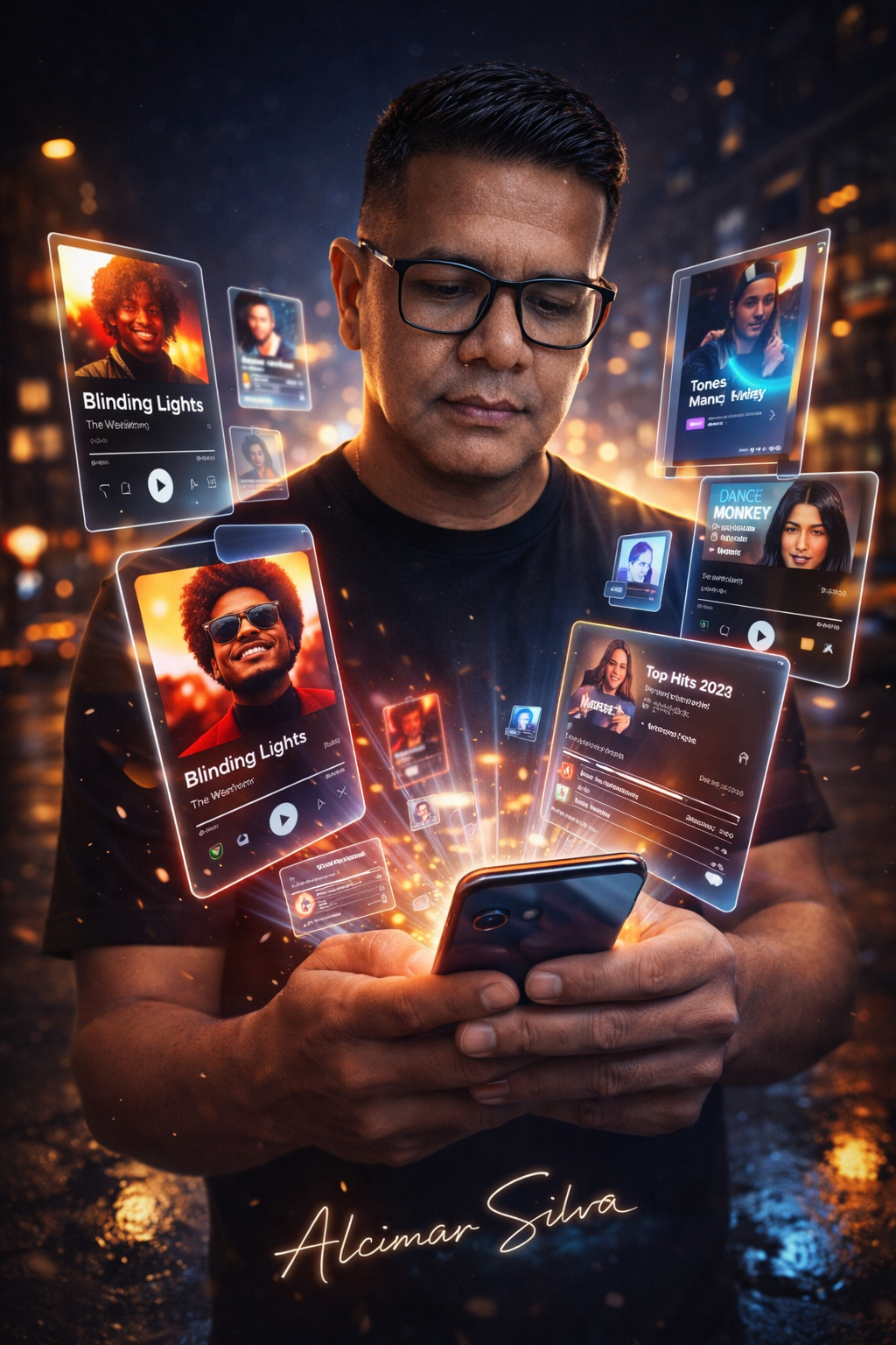 Story: Social feed cards bursting from phone
