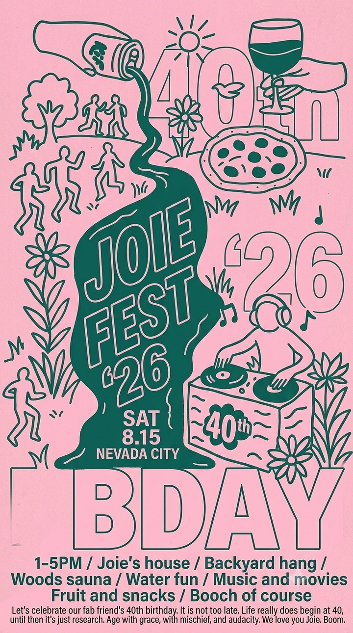 Creative ad: Hand-drawn backyard party scene with a pouring drink forming a title blob