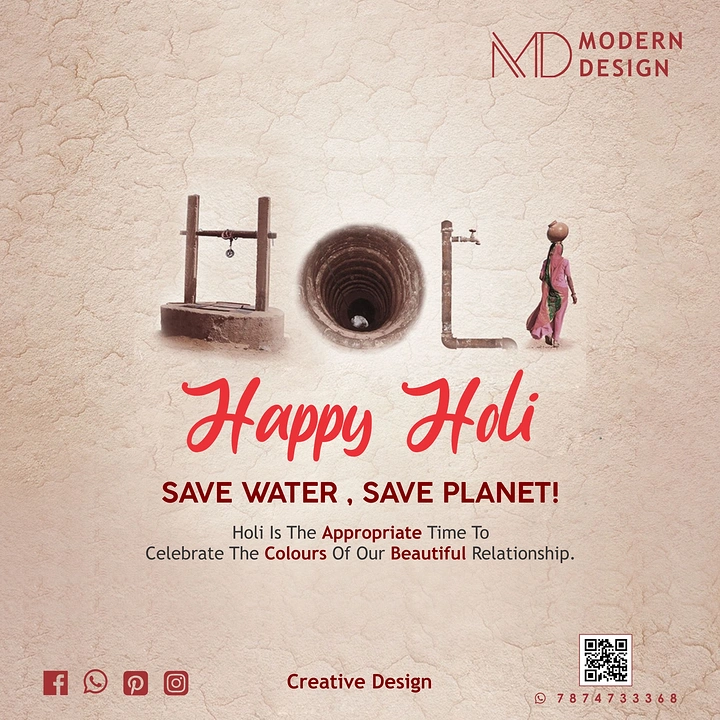 Holi creative ad: HOLI spelled with a well, well shaft, tap pipe and woman carrying water