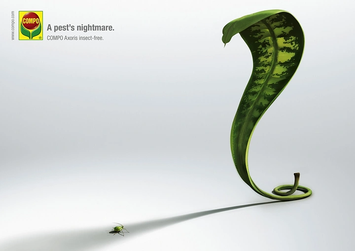 Pest Control creative ad: A curled green leaf forming a cobra poised over a tiny aphid