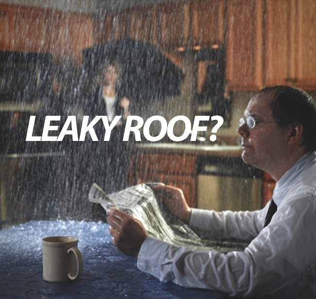 Roofing creative ad: Rain pouring indoors on man reading paper