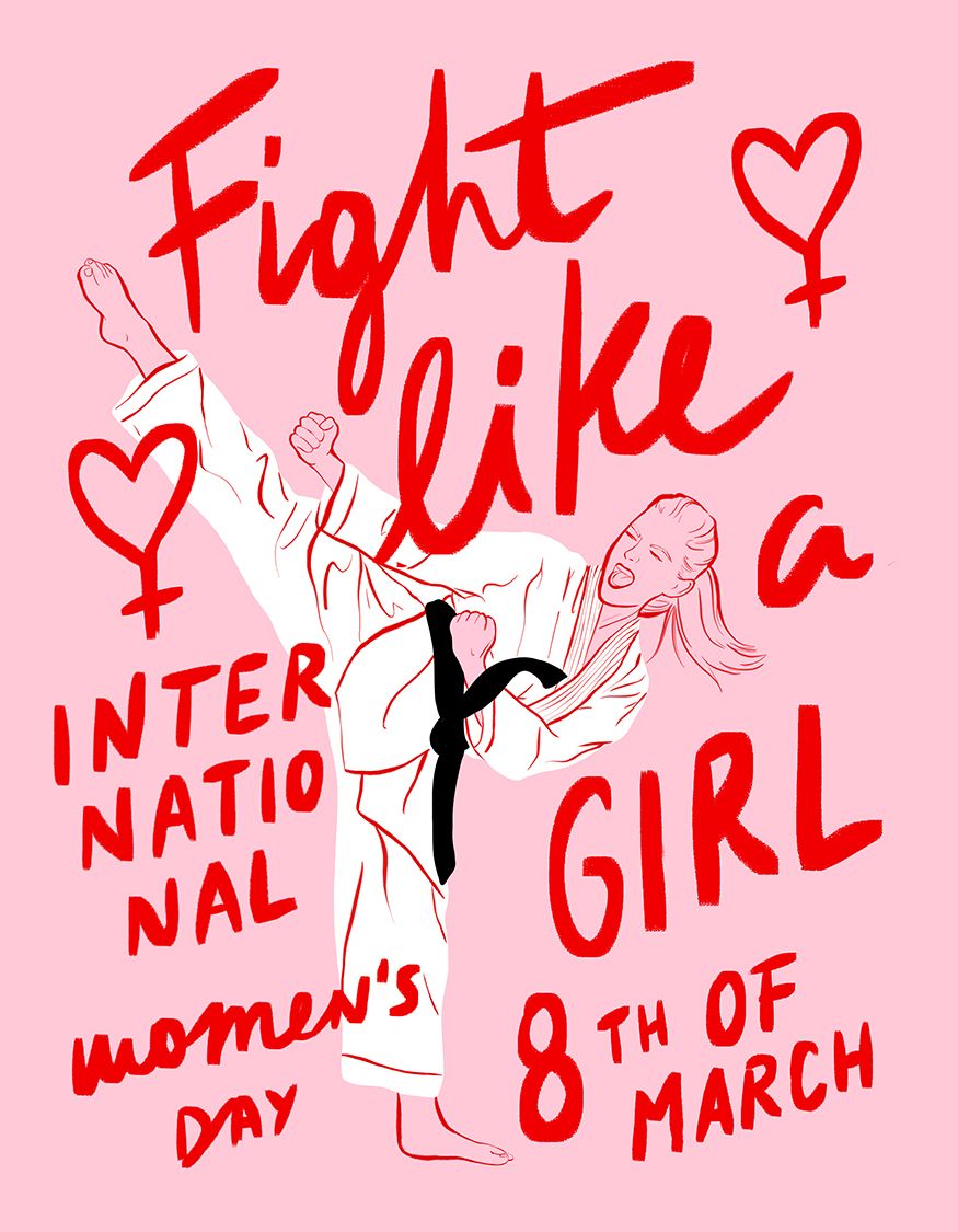 Women's Day Instagram post: Line-drawn woman in karate gi doing high kick