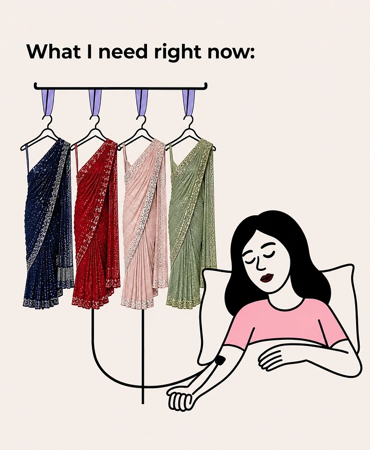 Ethnic Wear & Sarees creative ad: Saree drip feeding tired woman, witty