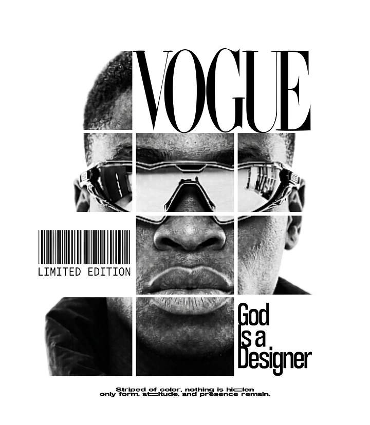 Print-on-Demand & Merch creative ad: Black-and-white close-up of man in mirrored sport sunglasses split into grid panels