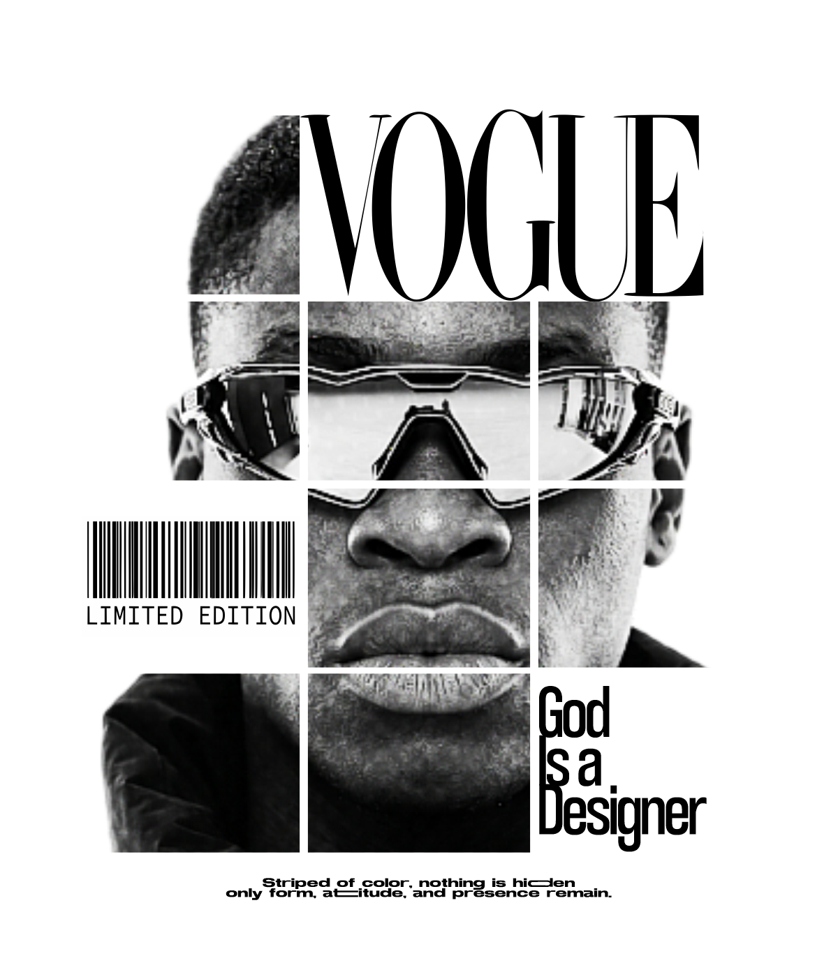 Instagram post: Black-and-white close-up of man in mirrored sport sunglasses split into grid panels