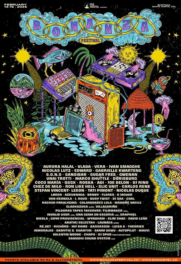 Creative ad: Surreal tropical island of DJ gear, amp, palms and sun face