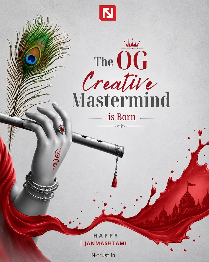 Janmashtami creative ad: Monochrome hand holding flute with red paint splash