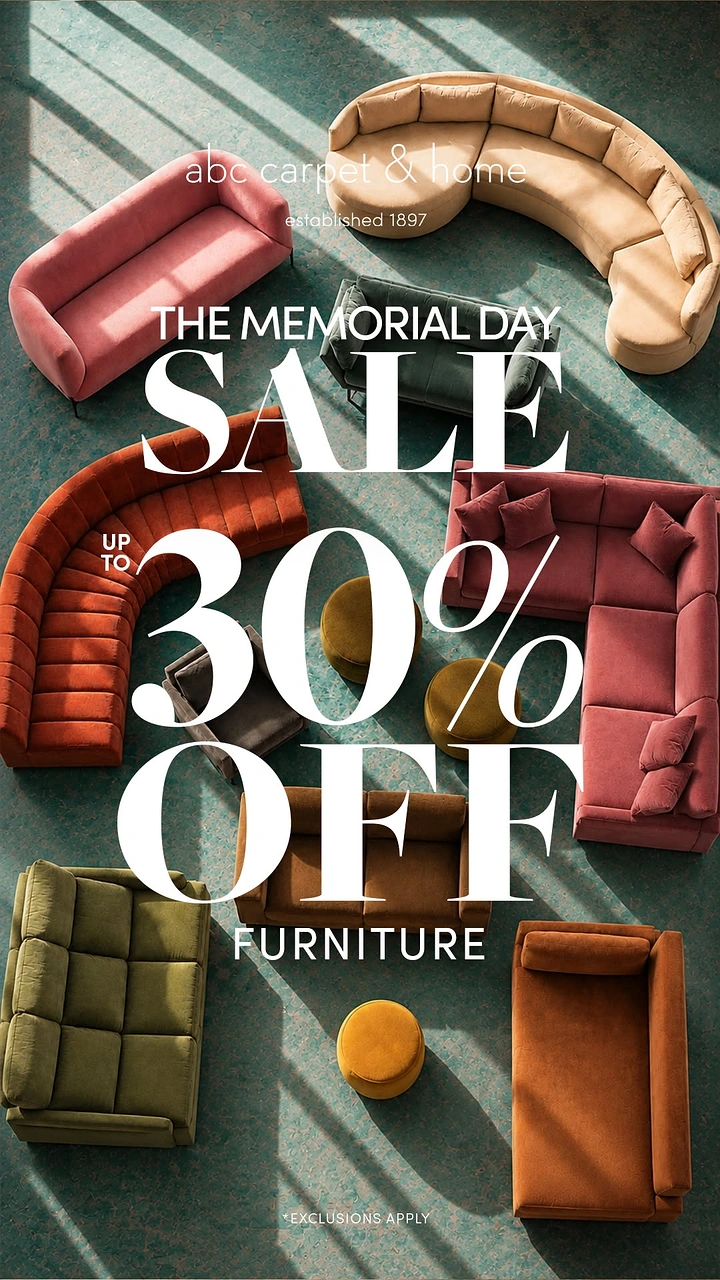 other-festival creative ad: Overhead view of colourful velvet sofas and ottomans scattered on a teal floor