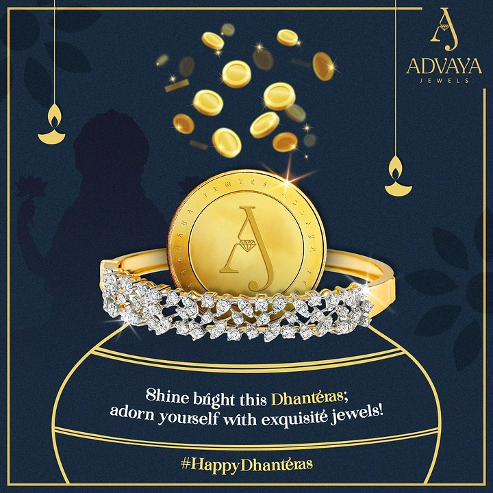 Dhanteras creative ad: Diamond bangle wrapped around a monogrammed gold coin, with coins falling