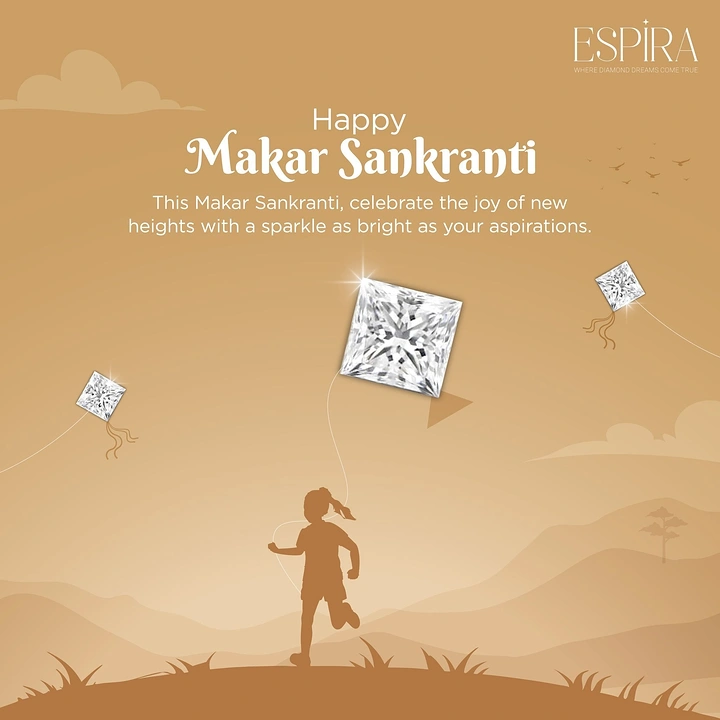 Makar Sankranti creative ad: Child silhouette flying princess-cut diamond kites