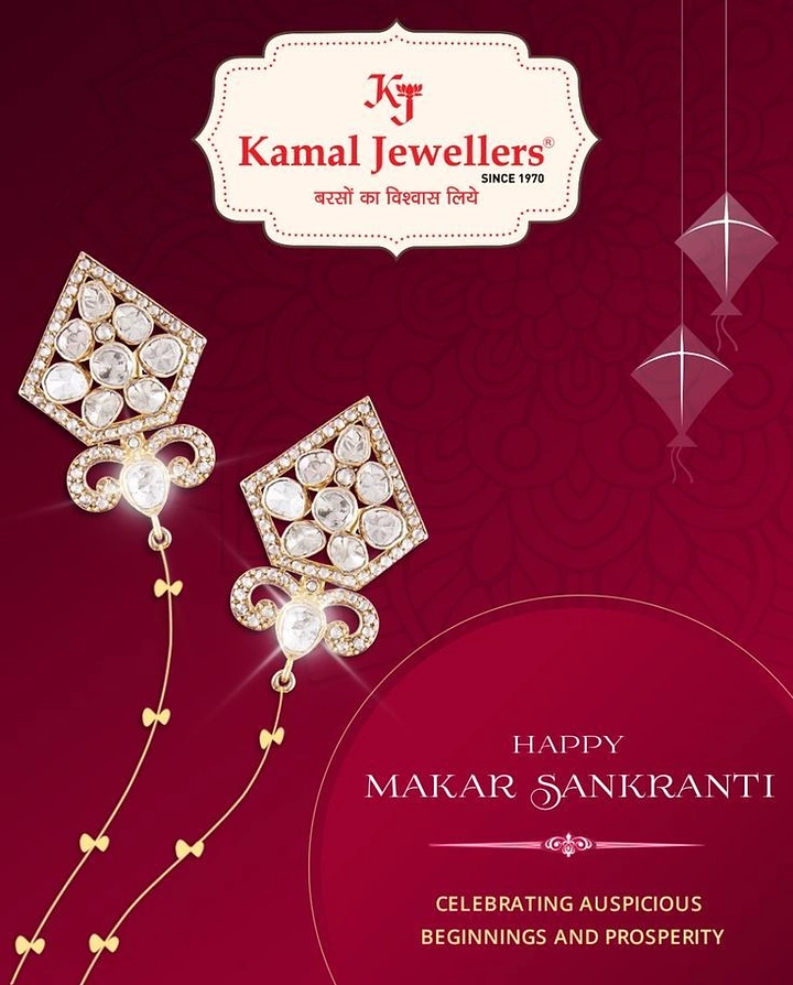 Makar Sankranti creative ad: Polki diamond kite-shaped earrings on gold chains