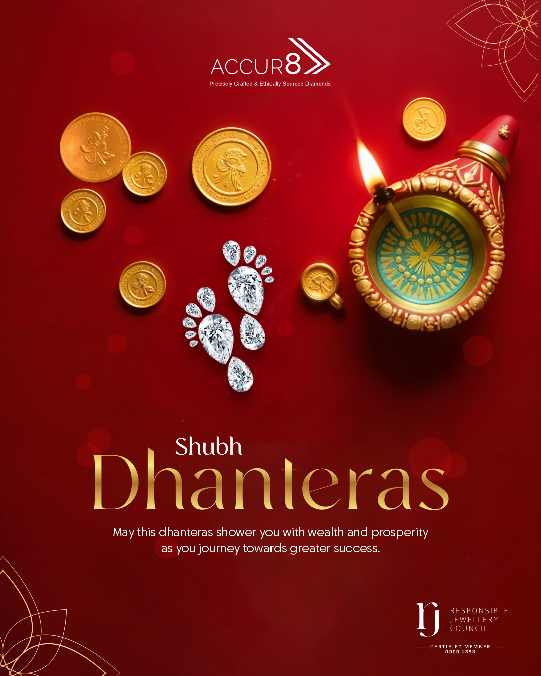 Pear-cut diamonds arranged as Lakshmi footprints beside gold coins and a lit diya