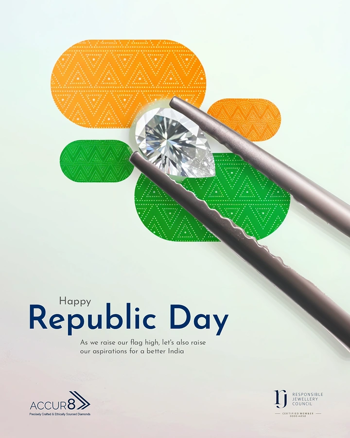 Republic Day creative ad: Pear-cut diamond held by steel tweezers over tricolour shapes