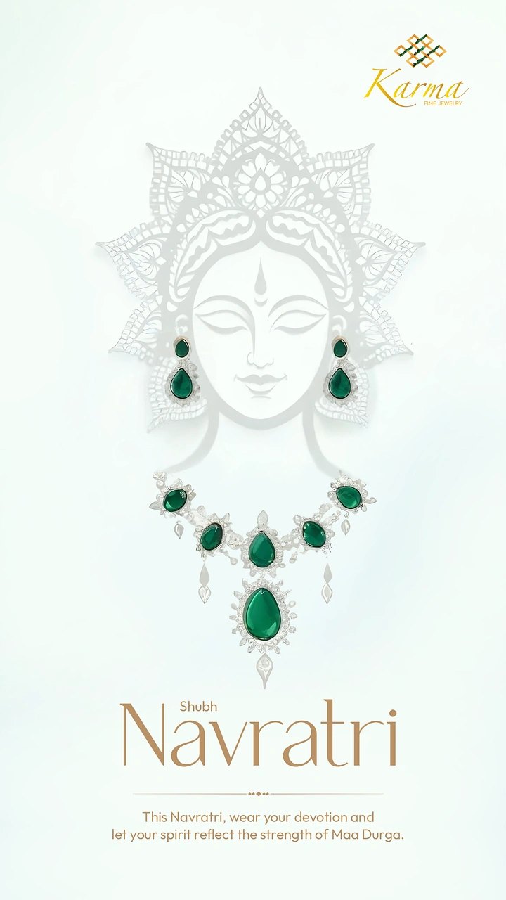 Navratri creative ad: Paper-cut Durga face wearing a real emerald necklace and earrings