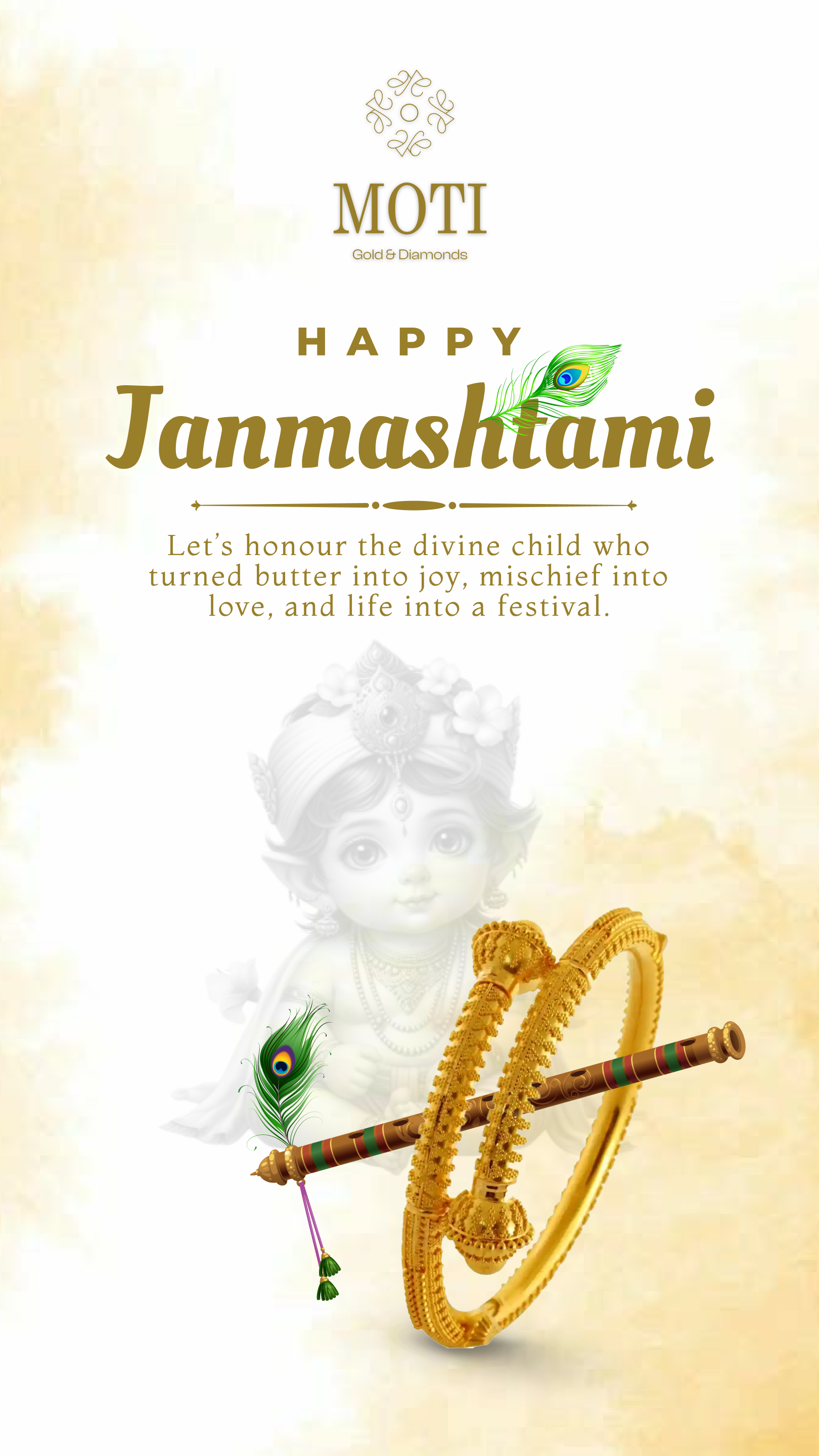 Gold bangle styled as Krishna's flute