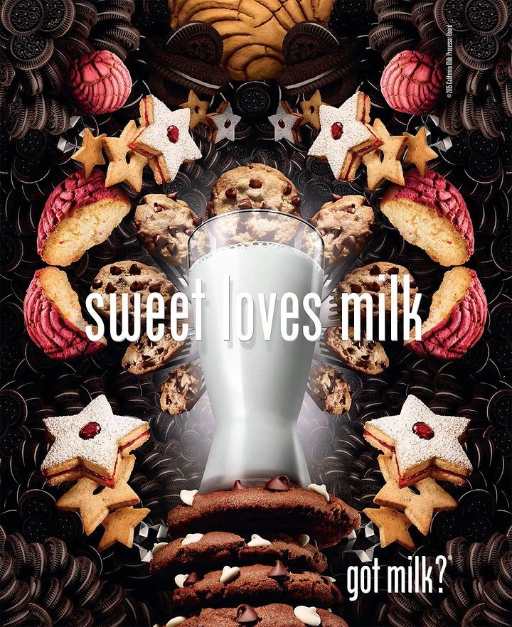 Dairy Brands creative ad: Sweets orbit milk glass, got milk