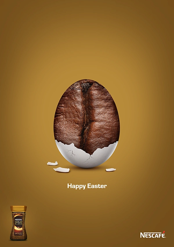 Easter creative ad: Egg-shaped giant coffee bean emerging from a cracked white eggshell
