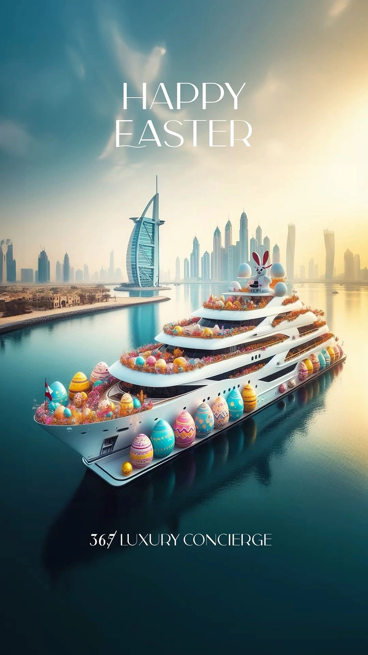 Easter creative ad: Superyacht decked with giant Easter eggs and a bunny off a city skyline