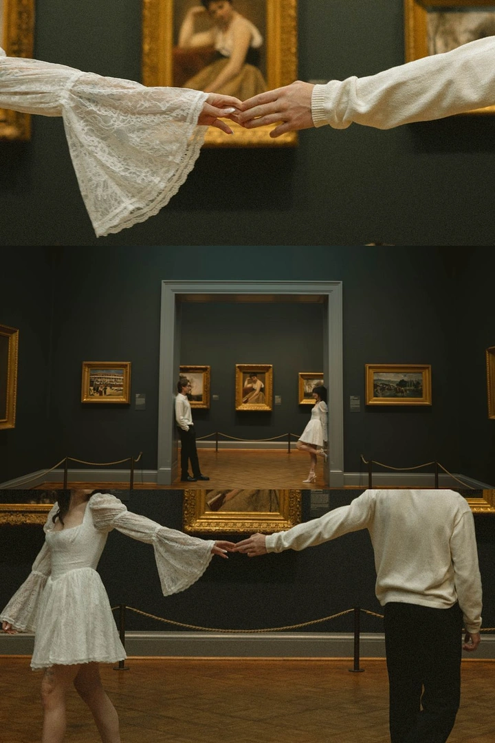Museums & Art Galleries creative ad: Couple reaching toward each other through museum paintings