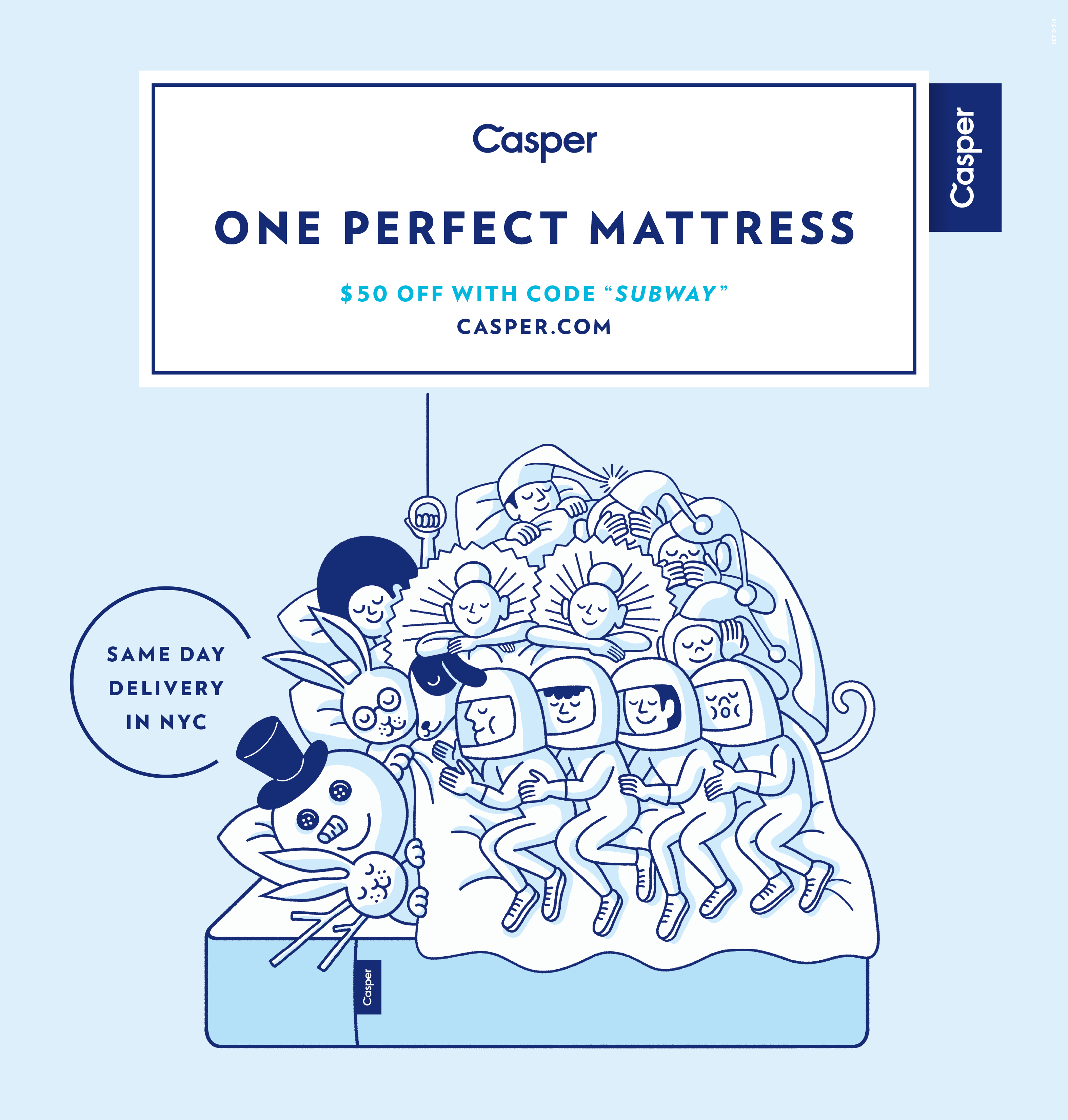 Poster: Line-art crowd of whimsical characters sleeping on one mattress