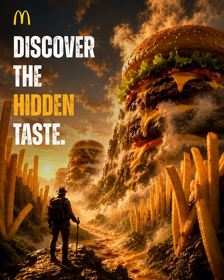 Creative ad: Explorer looking out over a fantasy landscape of giant burger mountains and fry forests