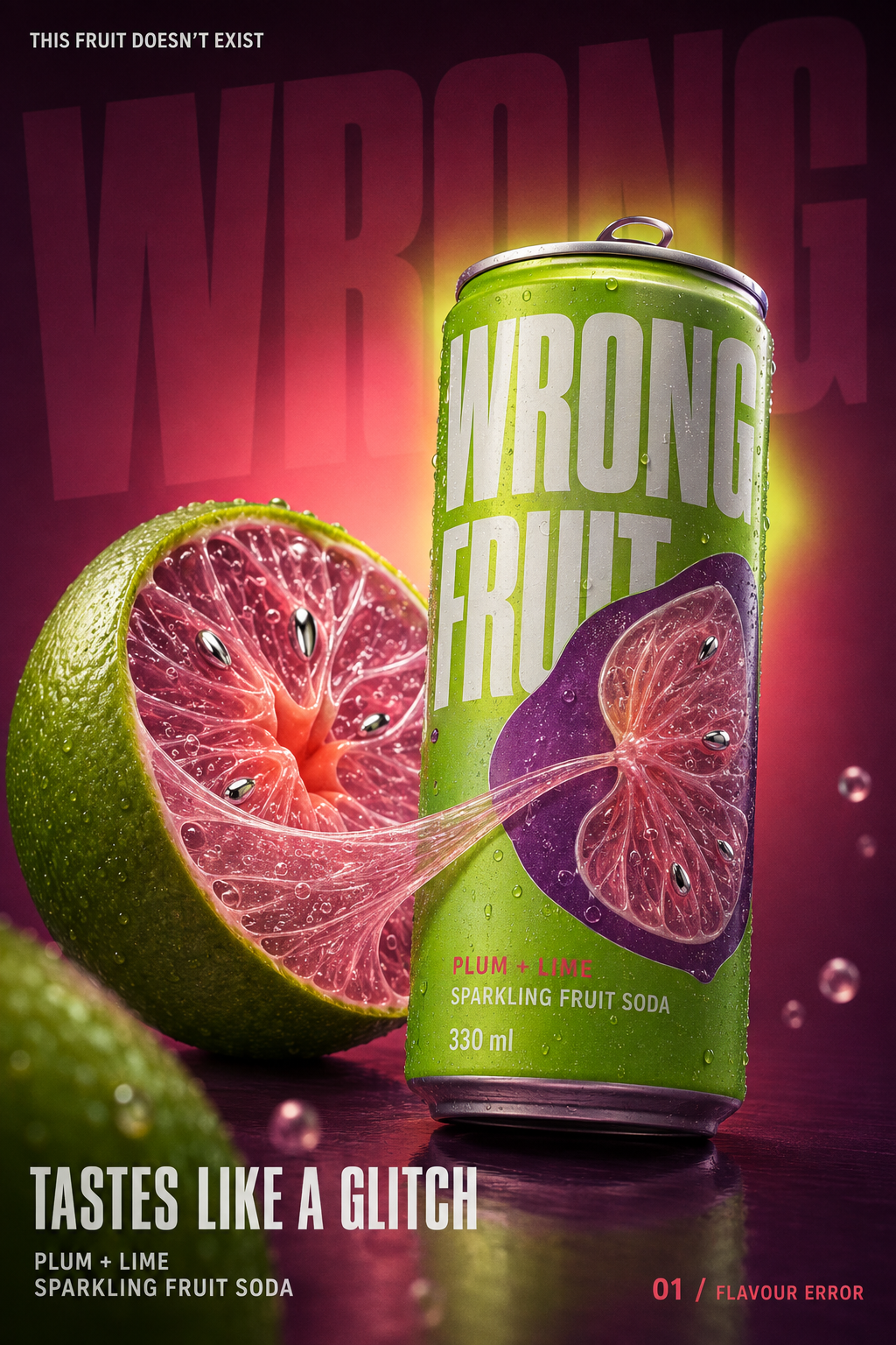 Instagram post: Lime-green soda can beside a surreal half lime with pink plum-like flesh stretching onto the can label