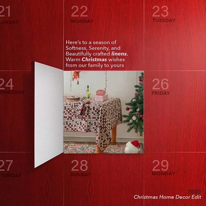 Christmas creative ad: Advent-calendar door opening onto a festive table with checked linen