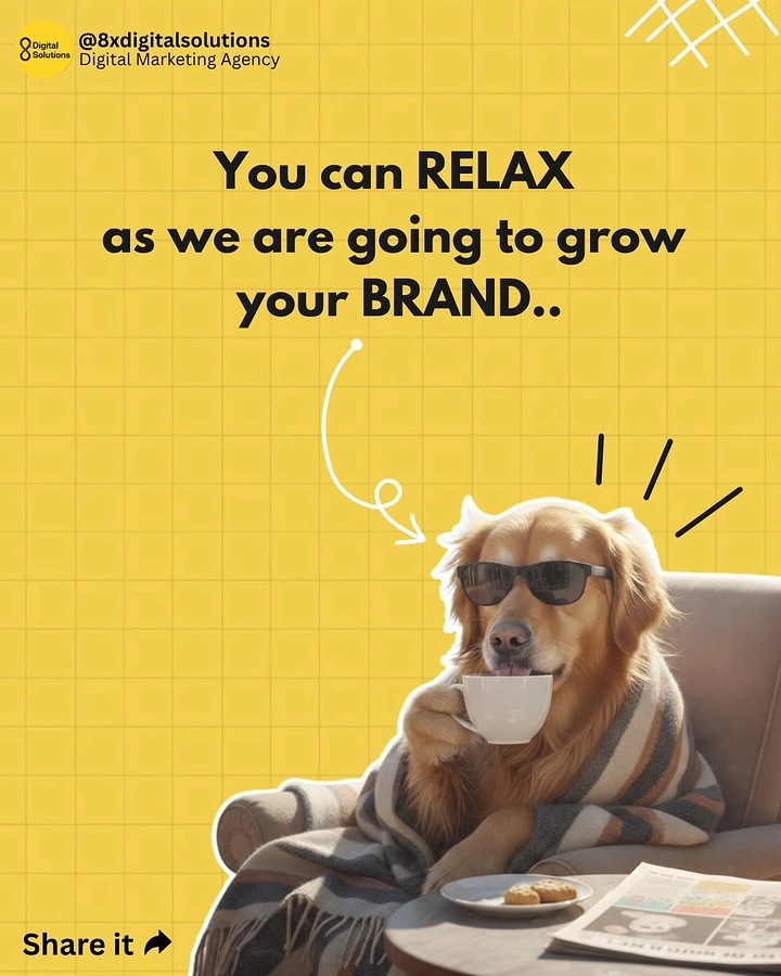 Agency creative ad: Relaxed dog sipping tea: you relax, we grow